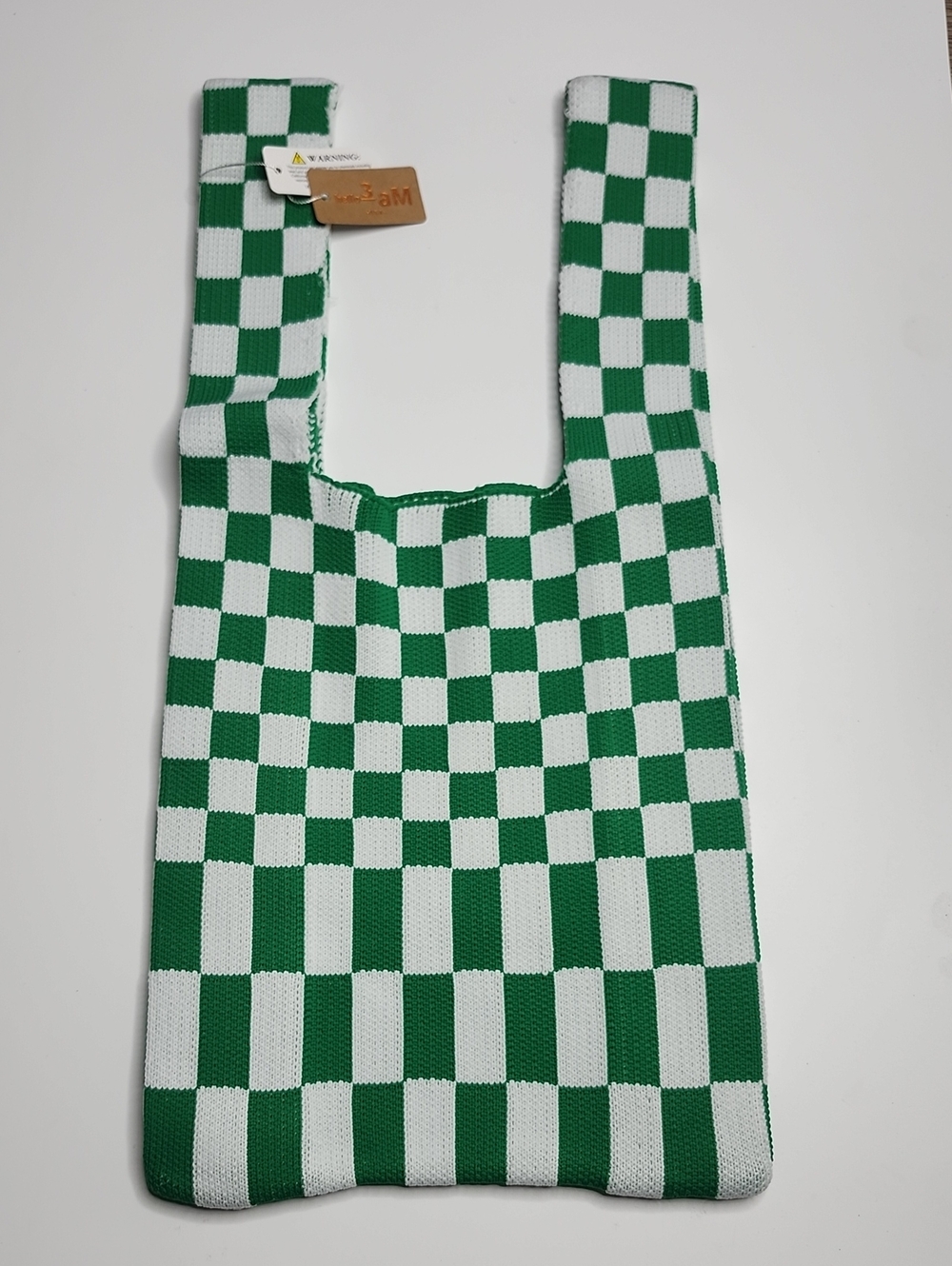 Tote Bag - Green and White Checker Knit